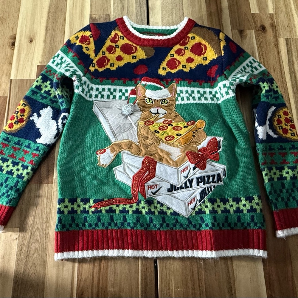 32 Degrees Festive Cat and Pizza Sweater - Green‎ and Red